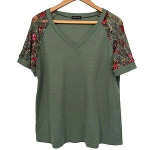MIHOLL Top Waffle Knit Floral Lace Raglan Sleeve V-Neck Casual XXL**